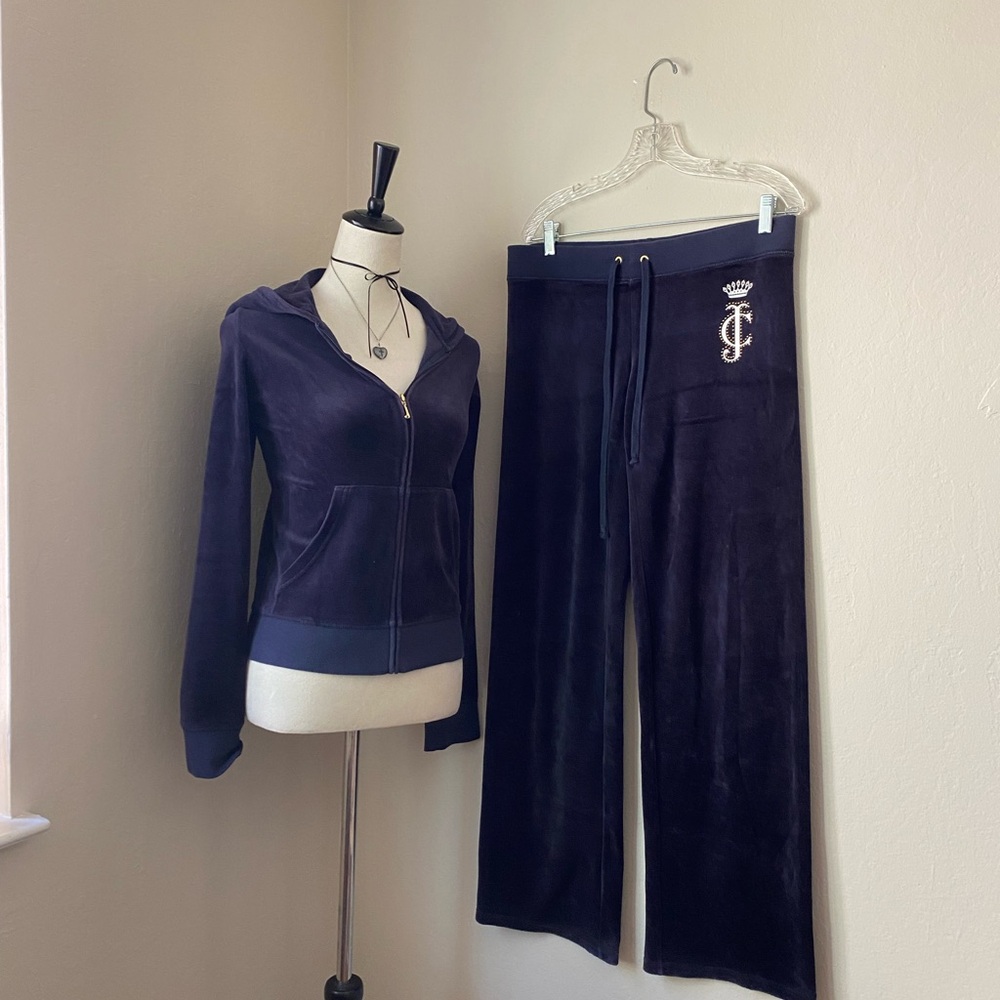 Juicy Couture Women's Navy Velour Track Pants & Hoodie Set